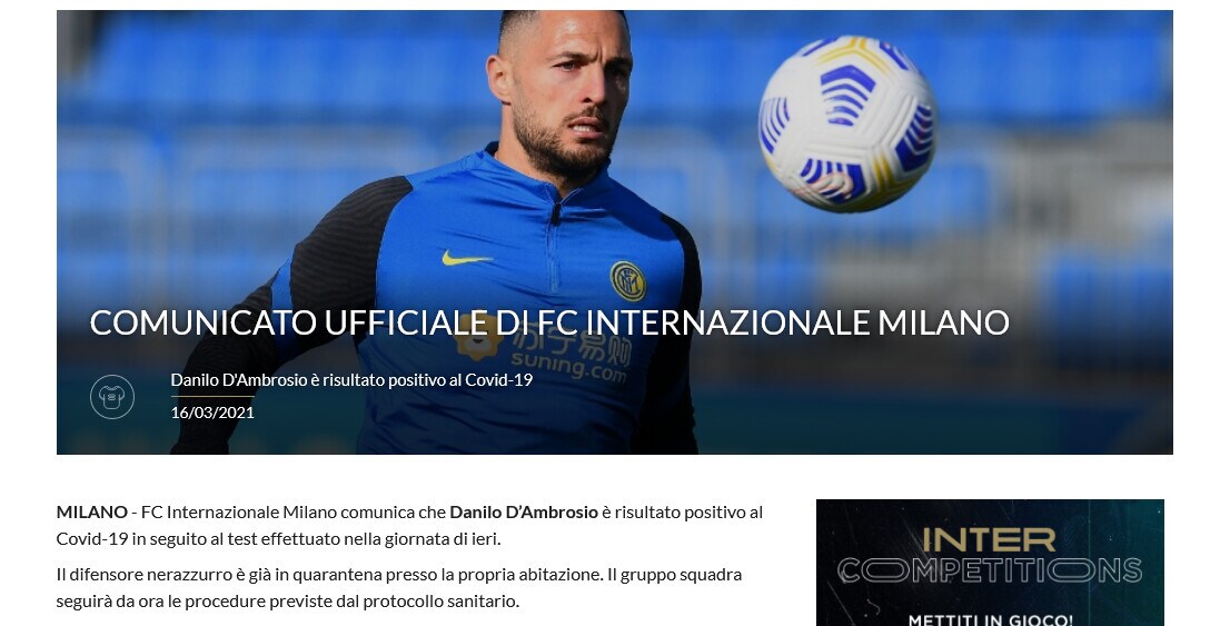 Inter, D'Ambrosio positivo al Coronavirus