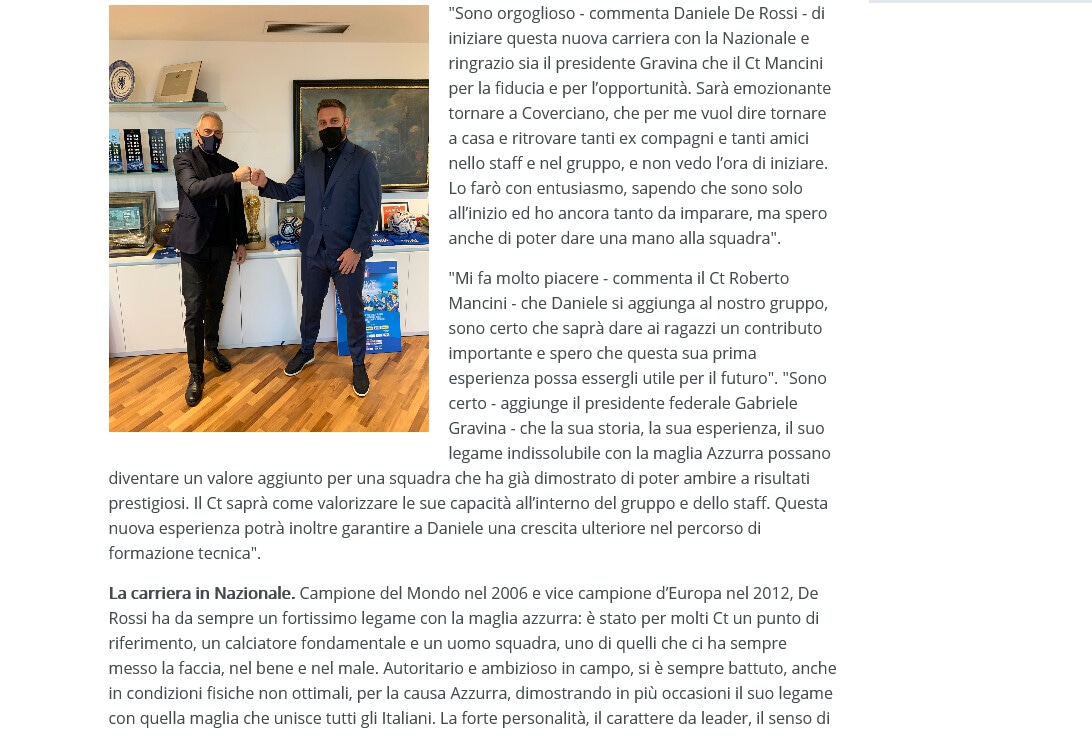 Italia, De Rossi entra a far parte dello staff della Nazionale