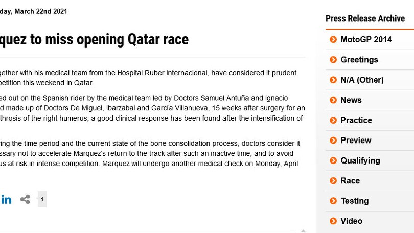 MotoGp, Marc Marquez salta i primi appuntamenti in Qatar