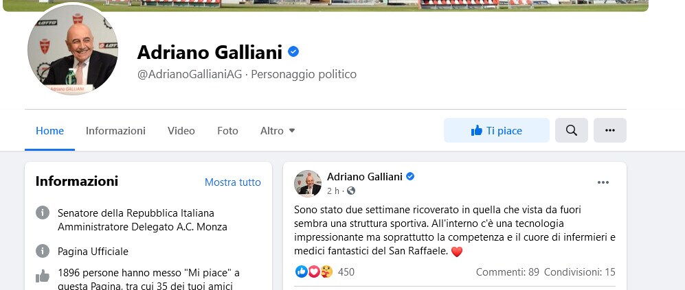 Covid-19, Galliani dimesso: "Grazie a infermieri e medici"