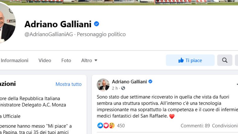 Covid-19, Galliani dimesso: "Grazie a infermieri e medici"