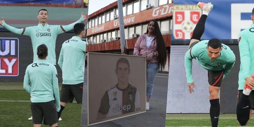 Il quadro per Cristiano Ronaldo mentre si allena col Portogallo