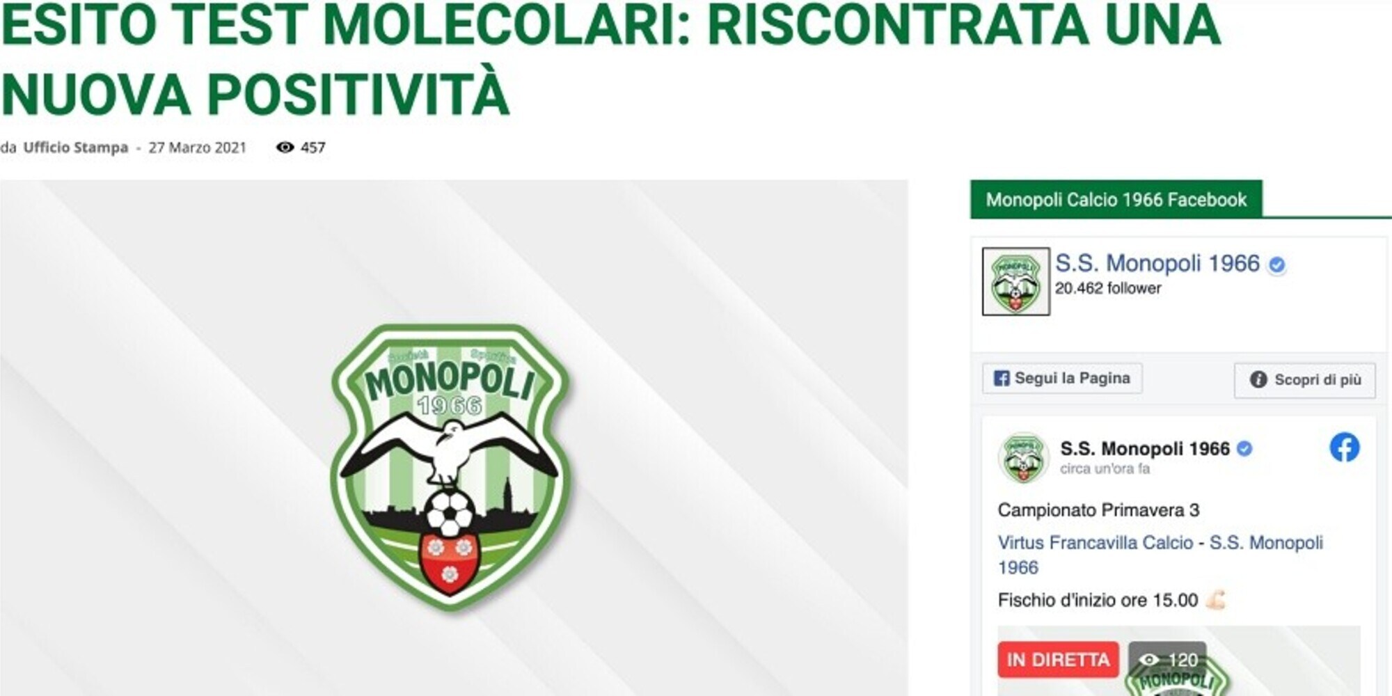 Serie C, Monopoli: altro positivo al Covid, 24 in totale