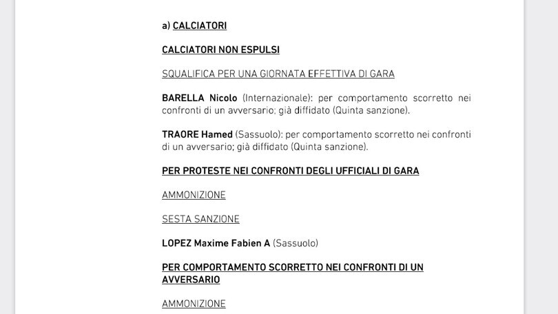 Serie A, squalificati per un turno Barella e Traorè