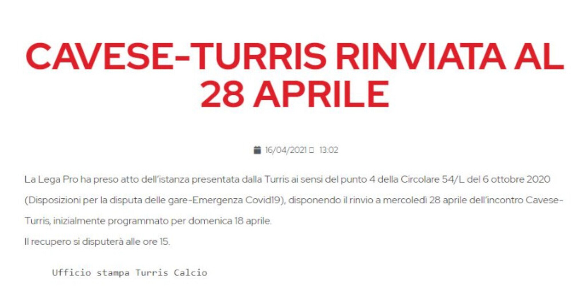 Serie C, focolaio Turris: rinviata la gara con la Cavese