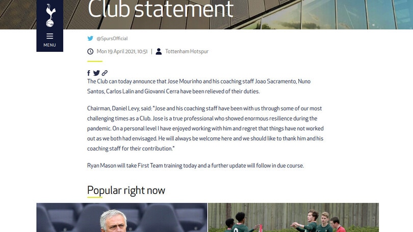 Mourinho esonerato dal Tottenham