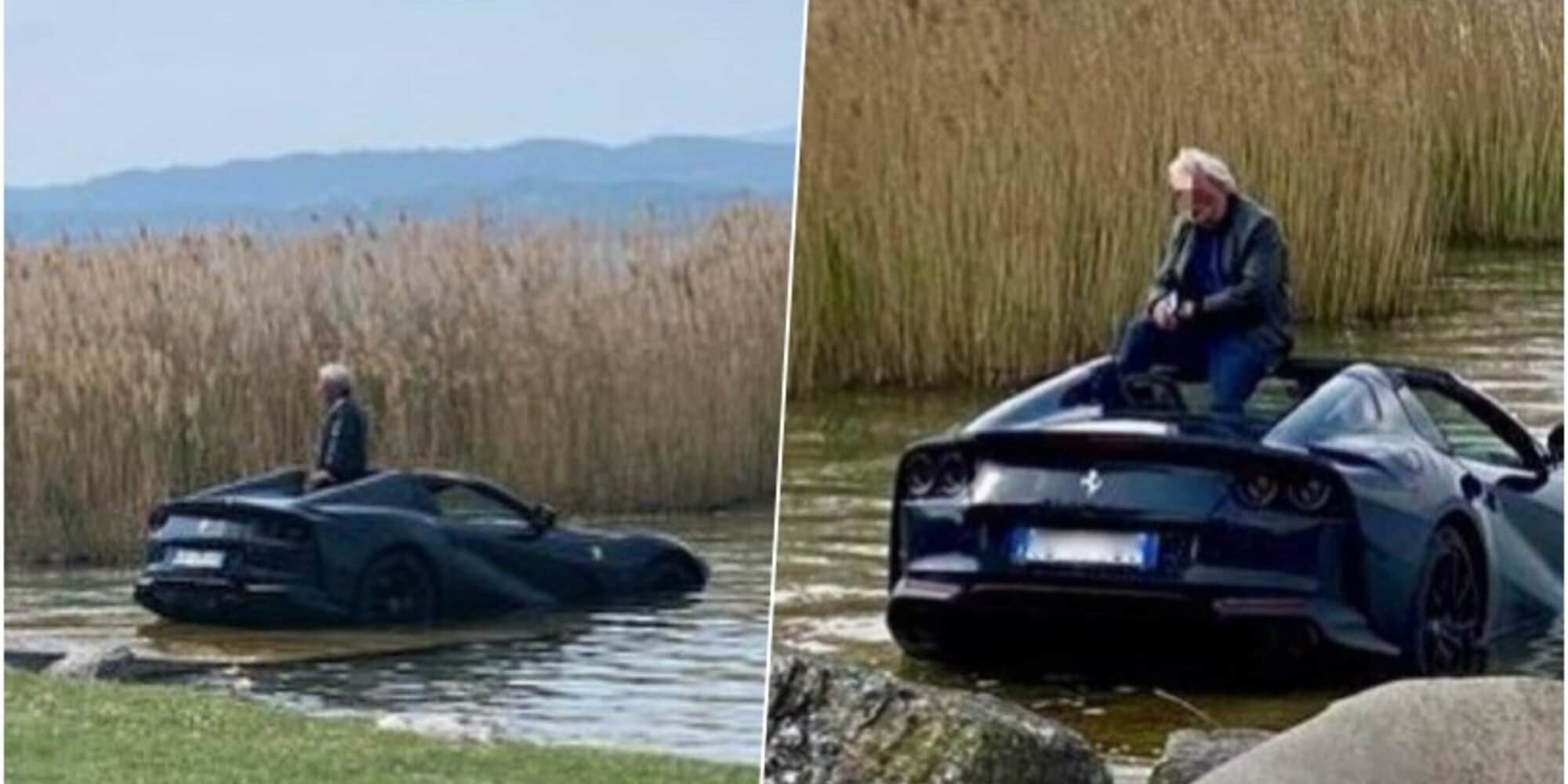 Ferrari 812 GTS nel lago, proprietario si distrae: il tuffo è inevitabile