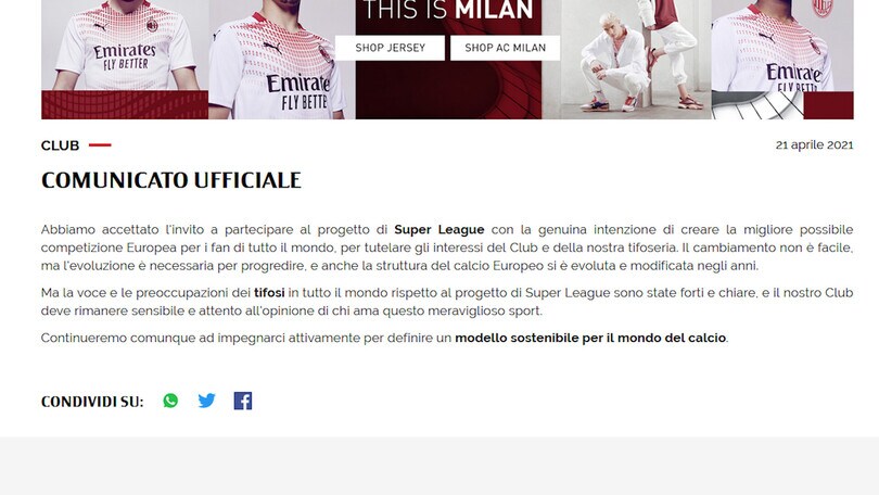Ufficiale: il Milan abbandona la Superlega