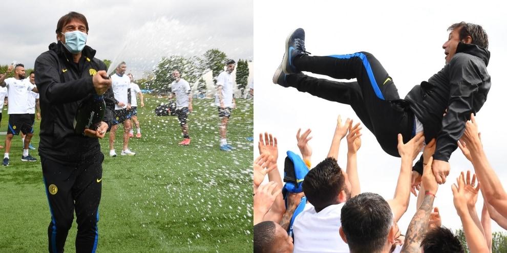 Inter, festa ad Appiano: Conte lanciato in aria e doccia di champagne