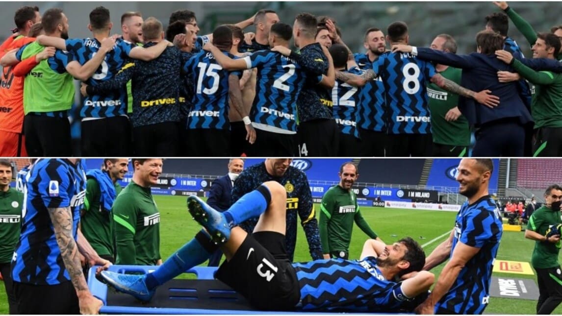 Inter, la festa scudetto: Ranocchia finisce in... barella