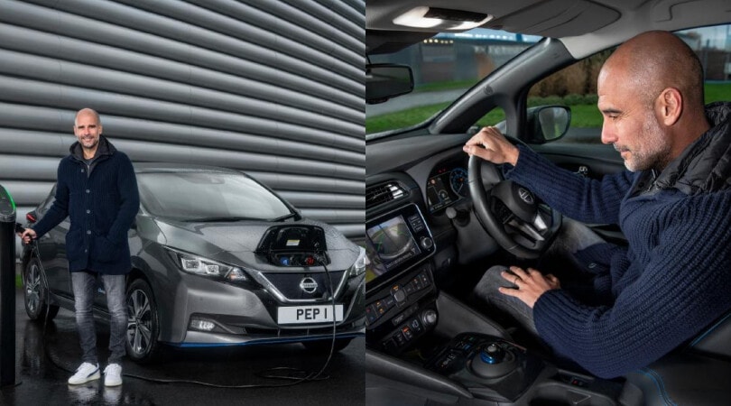 Pep Guardiola al volante della Nissan Leaf