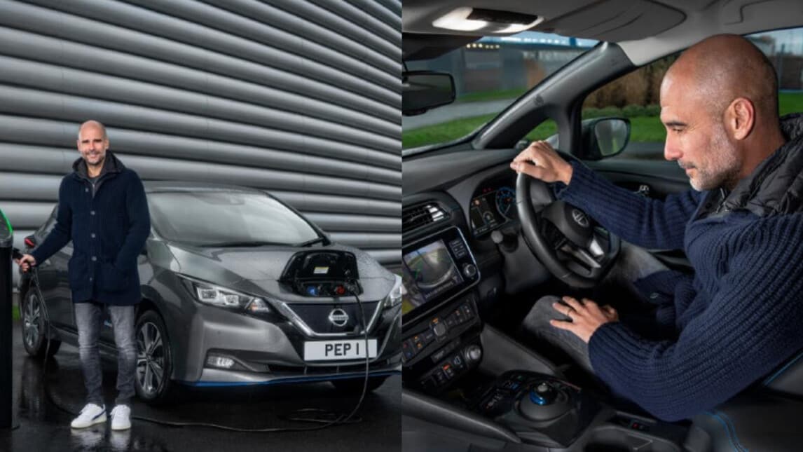 Pep Guardiola al volante della Nissan Leaf