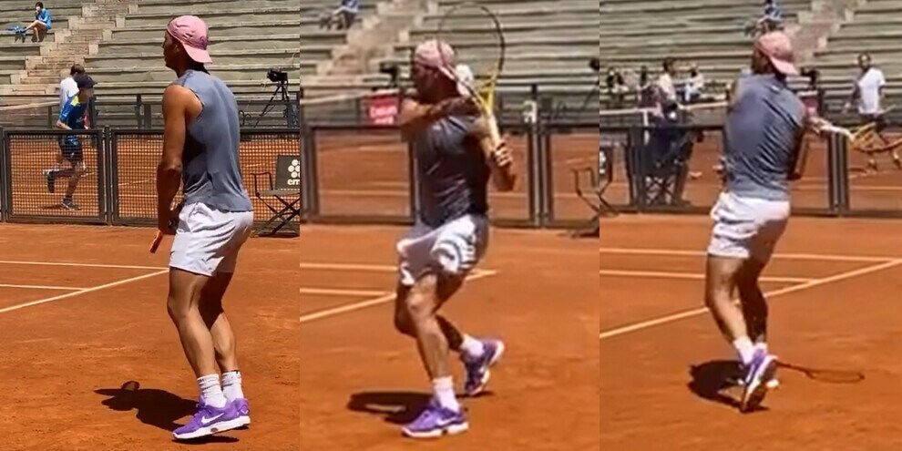 Nadal riscalda il suo dritto. Come picchia!