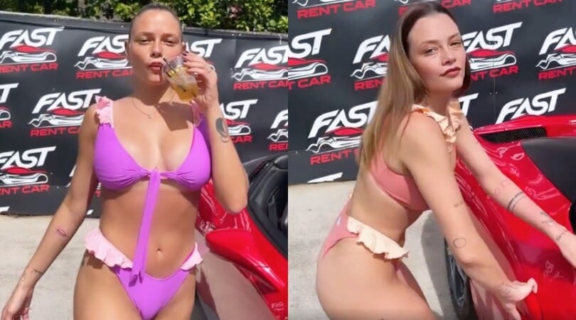 Le Donatella infuocano il web: nella sfilata col bikini esplosivo c'è anche una Ferrari