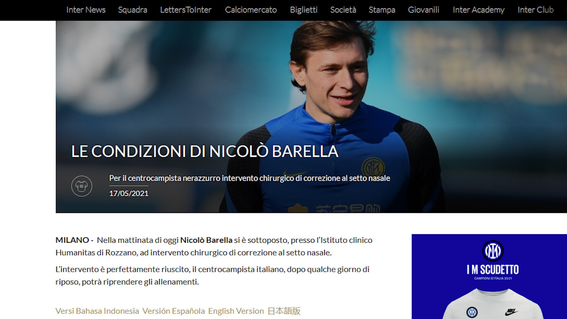 Inter, operazione al setto nasale per Barella