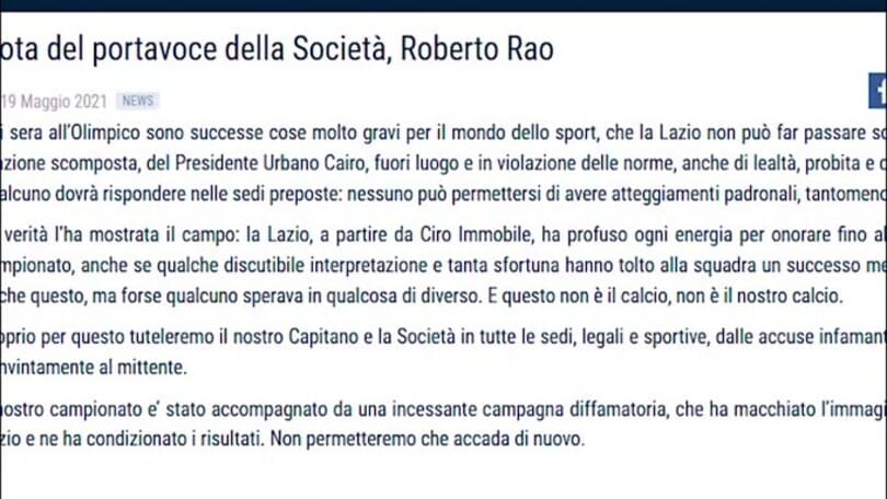 Caso Immobile-Cairo, comunicato Lazio: "Pronti a tutelare il nostro capitano"