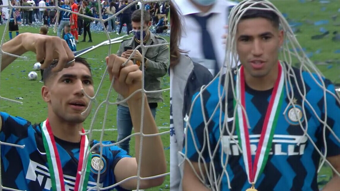 Hakimi come in Nba: taglia la rete per celebrare lo scudetto