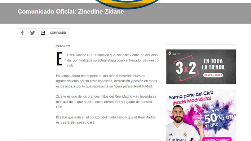 Real Madrid, ufficiale l'addio a Zidane