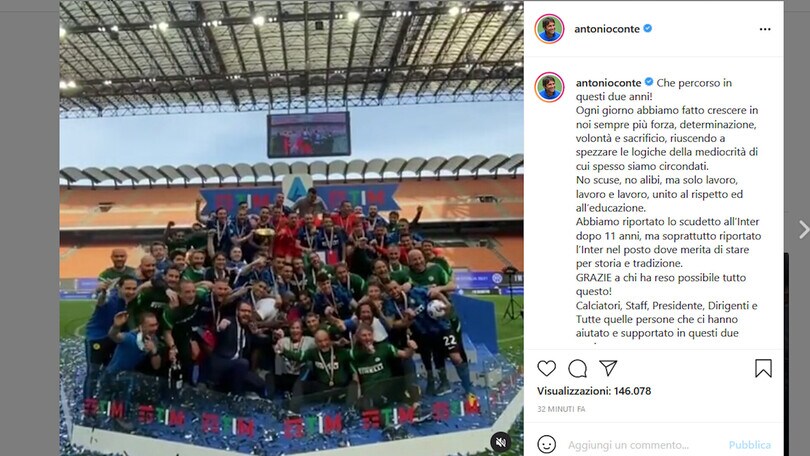Conte saluta l'Inter: "Che percorso in questi due anni"