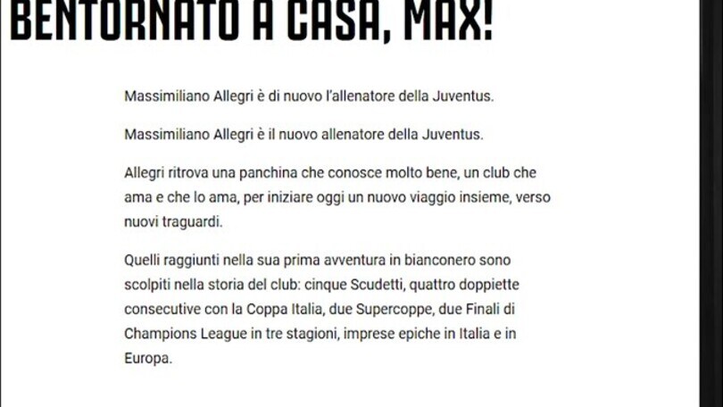 Ufficiale: Allegri torna alla Juve
