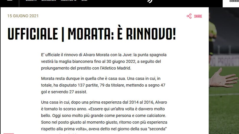 Ufficiale, Juve: Morata rinnova fino al 2022