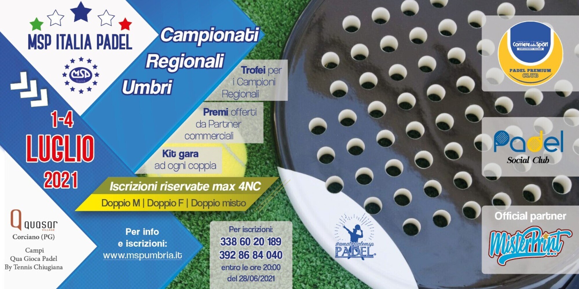 Dall'1 al 4 luglio i Campionati Regionali Padel MSP Umbria