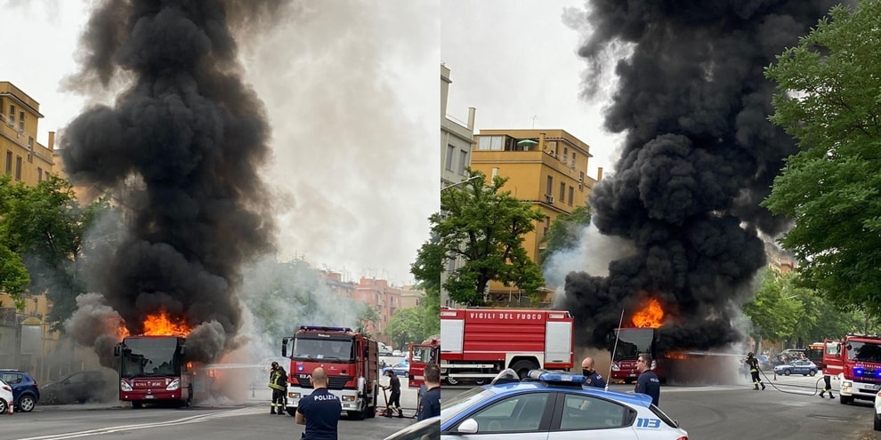Bus in fiamme a Roma. Intervengono i vigili del fuoco