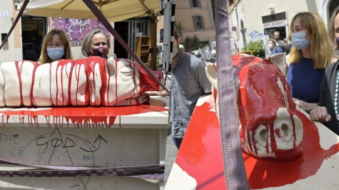 Roma, vernice rossa sulla statua della porchetta di Trastevere
