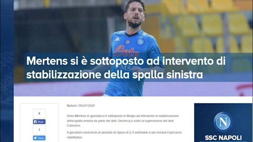 Napoli, Mertens operato a una spalla