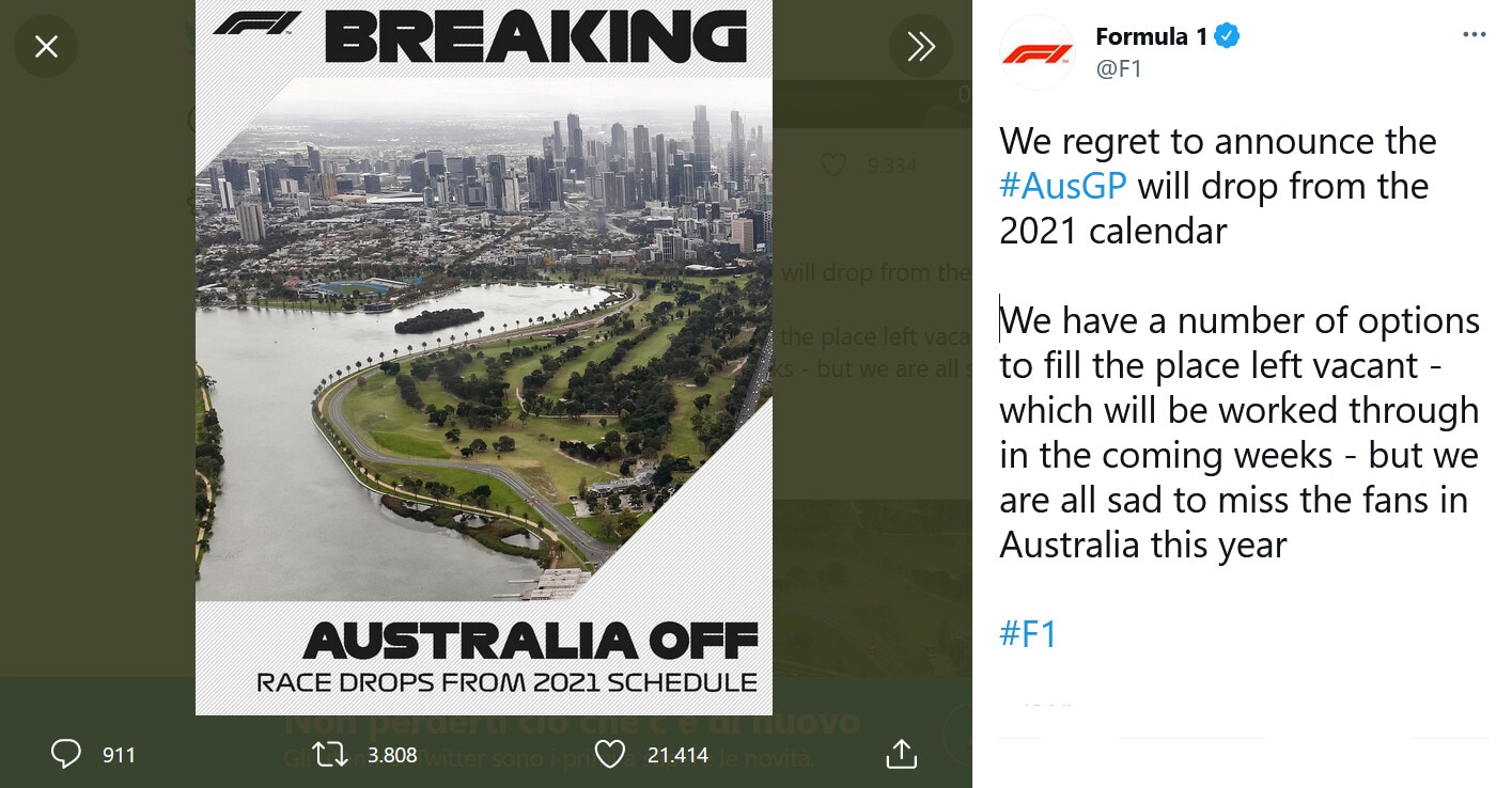 F1, cancellato il GP d'Australia