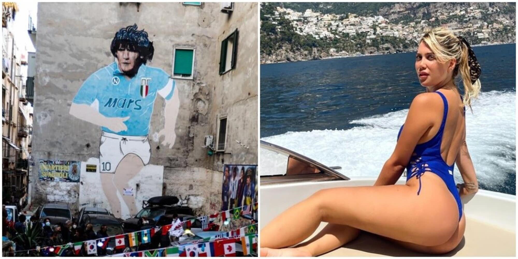 Wanda Nara visita il murale di Maradona a Napoli