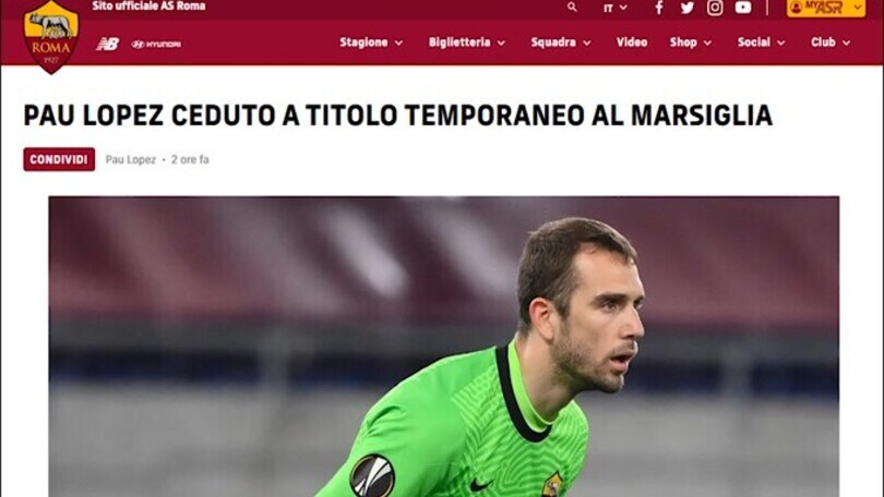 Roma, Pau Lopez ceduto in prestito al Marsiglia