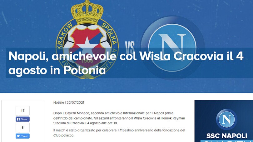 Ufficiale: il 4 agosto Wisla Cracovia-Napoli