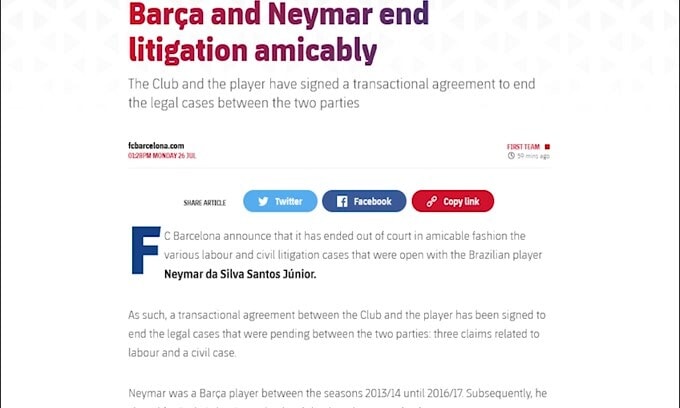Barcellona, chiuso il contenzioso legale con Neymar