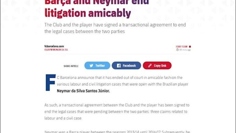 Barcellona, chiuso il contenzioso legale con Neymar