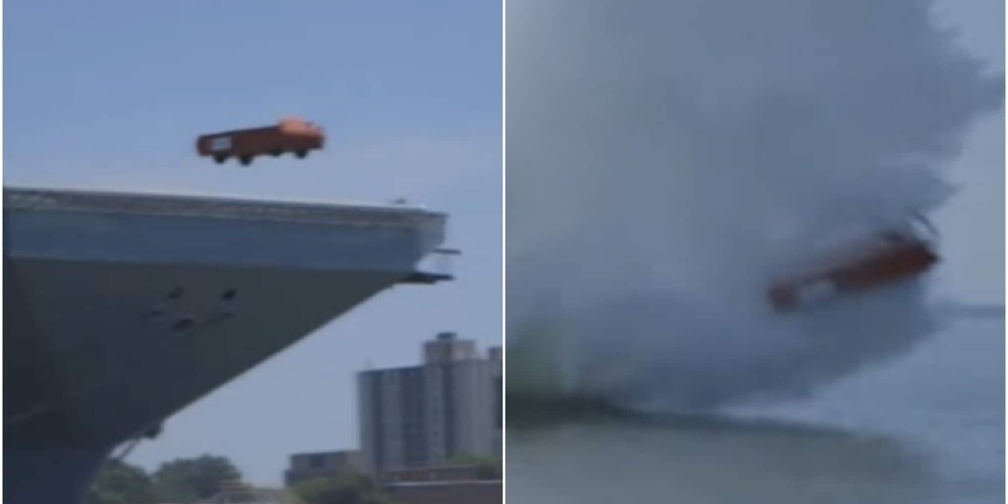 Camionista impavido: si lancia da una portaerei e... rimbalza sull'acqua! VIDEO