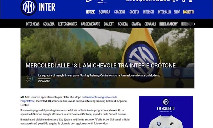Inter, mercoledì alle 18 amichevole con il Crotone
