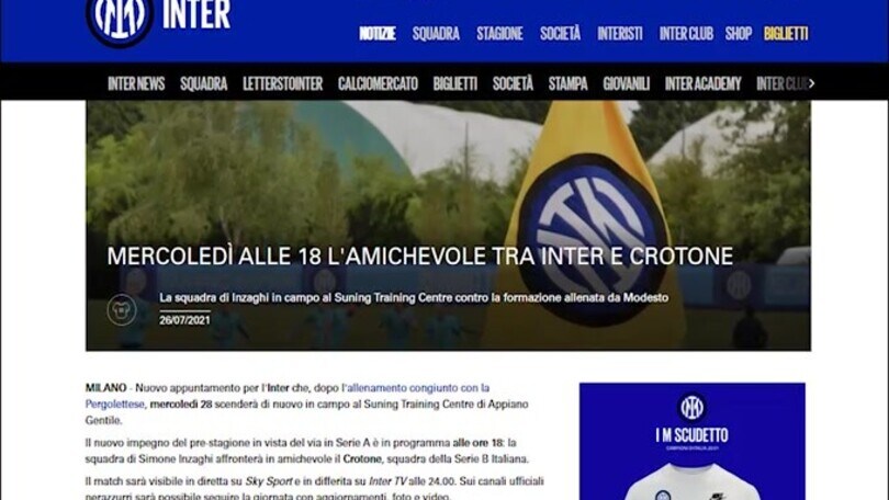 Inter, mercoledì alle 18 amichevole con il Crotone