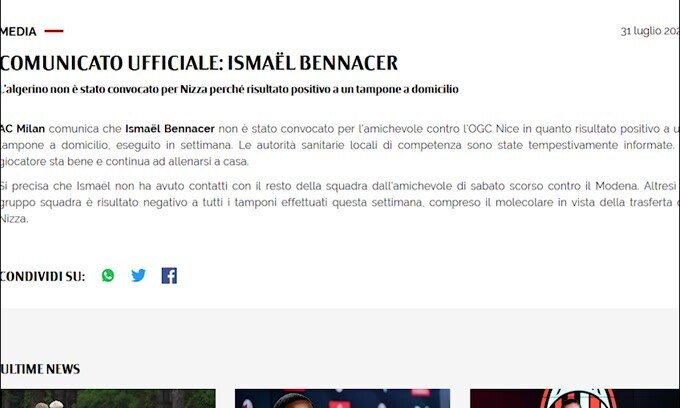 Milan: Bennacer positivo al Covid, salta gara con il Nizza
