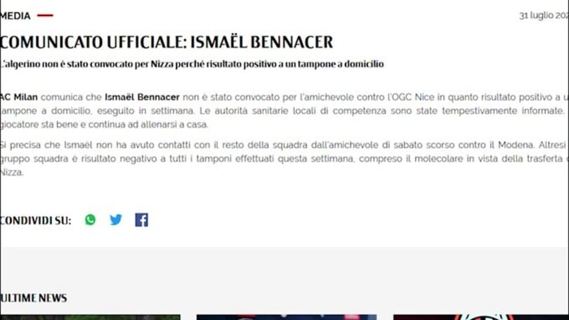 Milan: Bennacer positivo al Covid, salta gara con il Nizza