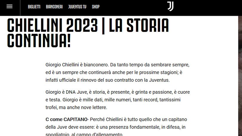 Juve, ufficiale: Chiellini fino al 2023