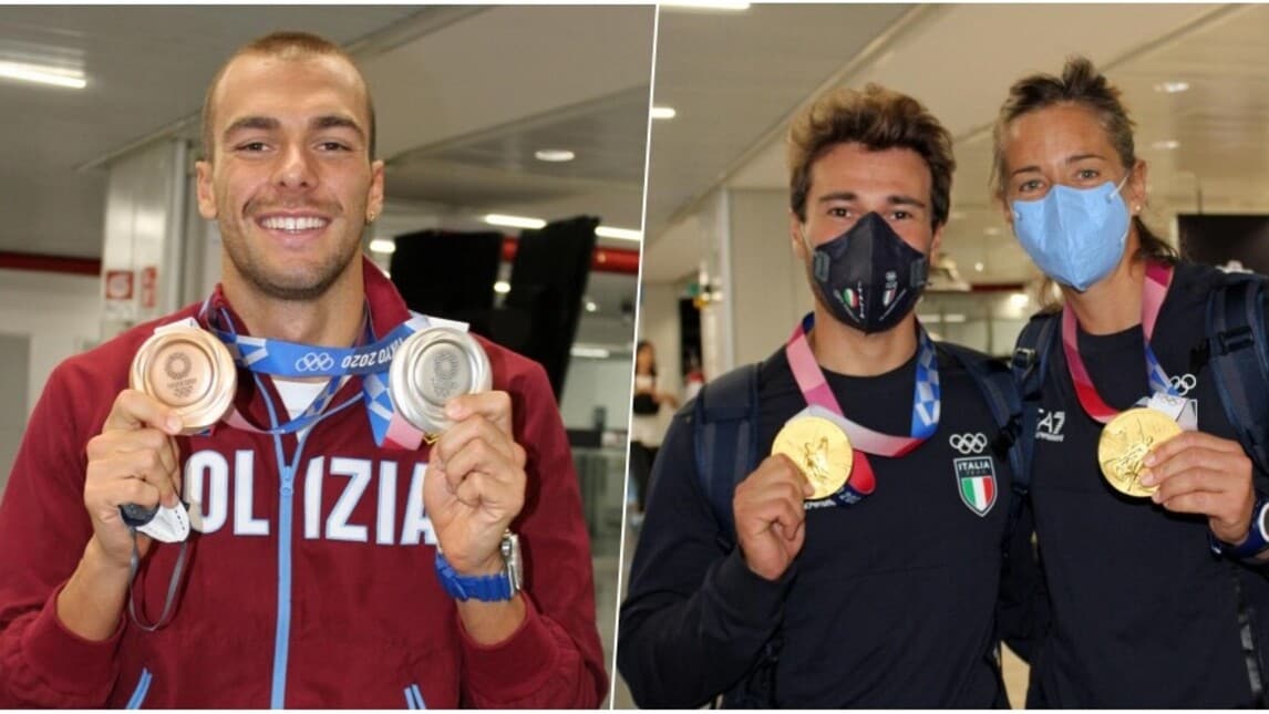 Olimpiadi, Paltrinieri sbarca a Fiumicino: festa con Tita e Banti