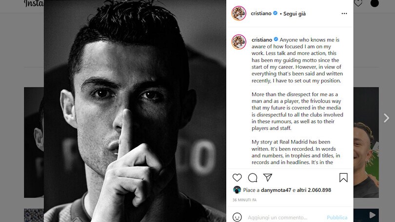 Sfogo CR7 su Instagram: "Penso solo al mio lavoro"