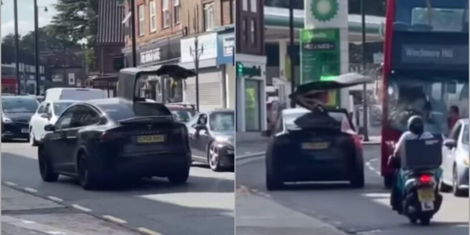 Tesla Model X, la portiera resta aperta e… che botta contro il bus! VIDEO