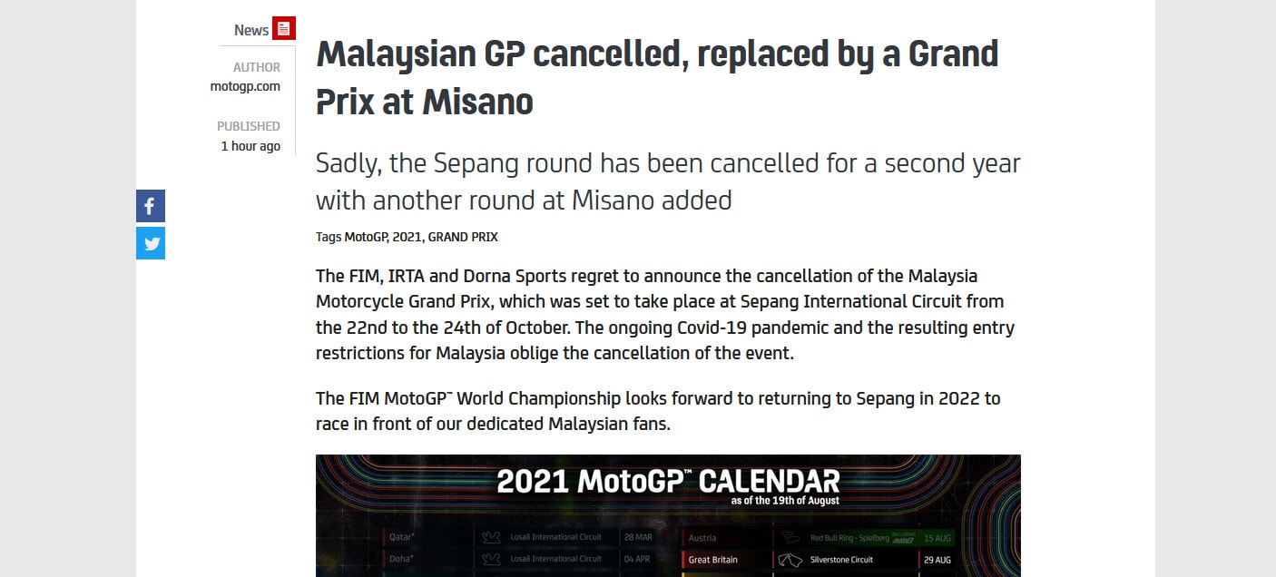 Moto Gp, salta il Gp della Malesia: al suo posto Misano Adriatico