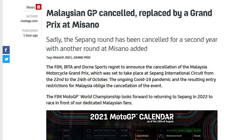Moto Gp, salta il Gp della Malesia: al suo posto Misano Adriatico