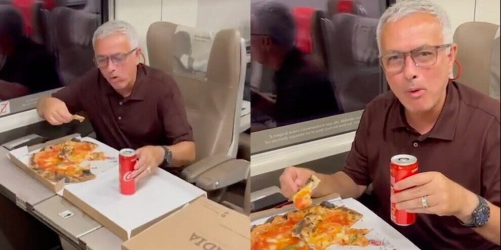 Mourinho mangia la pizza in treno dopo Salernitana-Roma