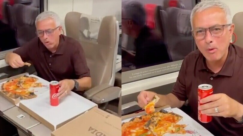 Mourinho mangia la pizza in treno dopo Salernitana-Roma