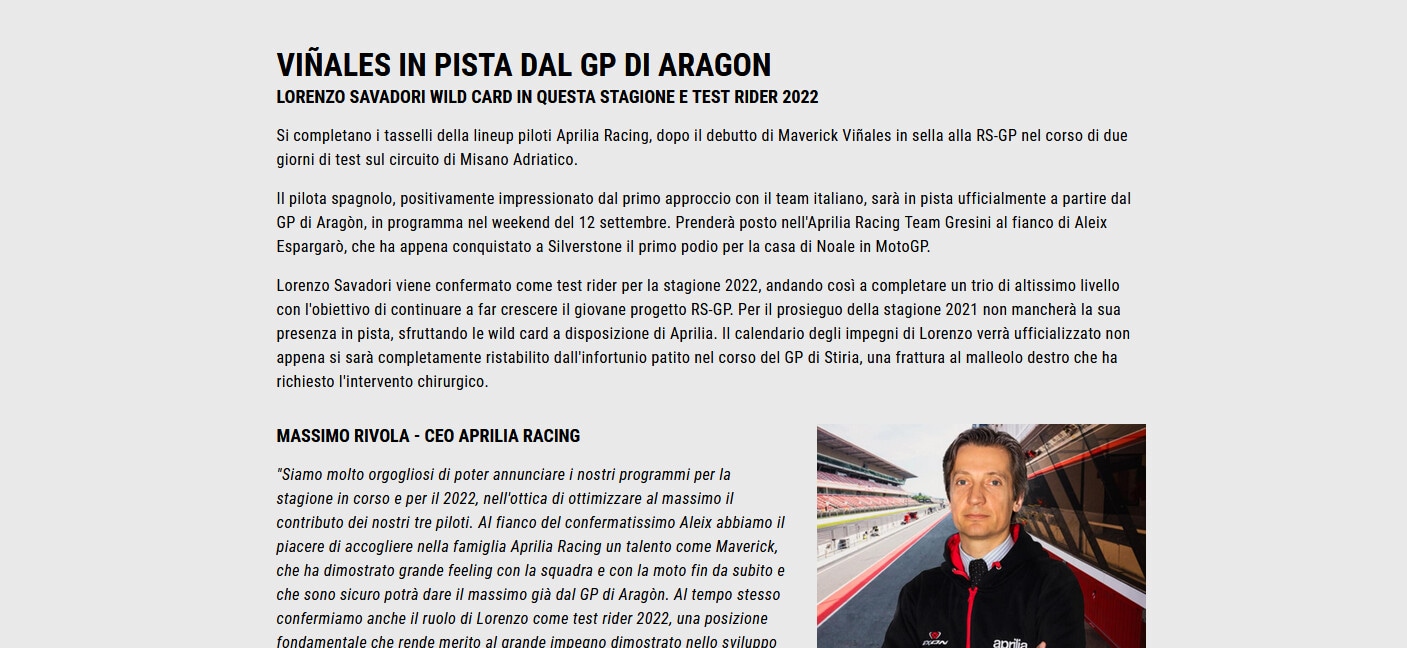 Moto Gp, Vinales debutterà con l'Aprilia ad Aragon
