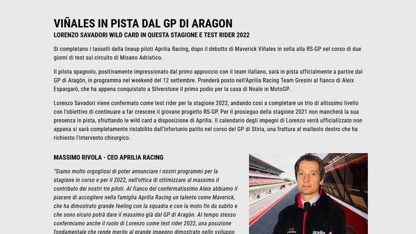 Moto Gp, Vinales debutterà con l'Aprilia ad Aragon